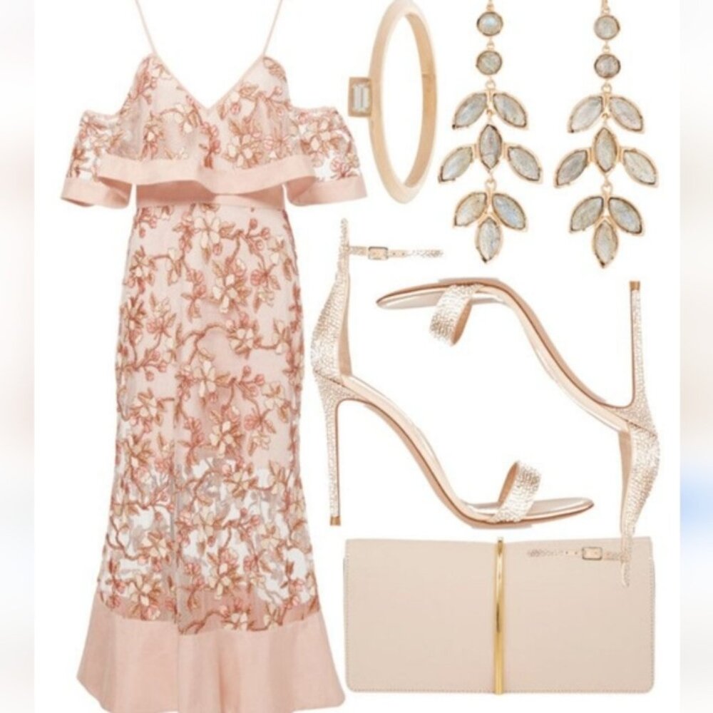 Like New Venus Floral Embroidered Champagne Dress w/Sheer Overlay Sz. 14 - Picture 3 of 8